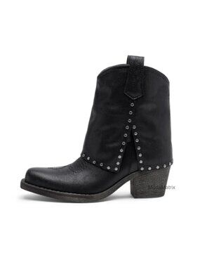 Western Studded Square Toe Ankle Boots Low Block Heel Slouch Booties